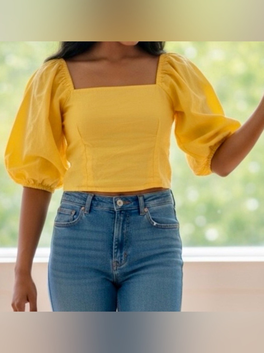 Dee Elly Spring Women Linen Yellow Square-Neck Puff Sleeve Crop Top Size Medium